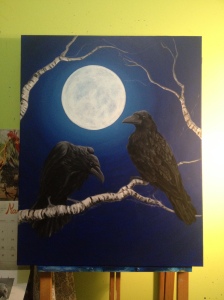 raven, crow, night, full moon, painting