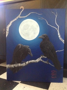 ravens, full moon, night, birch
