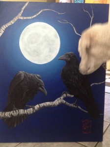 Poodle, standard poodle, ravens, crows, birch, full moon, night