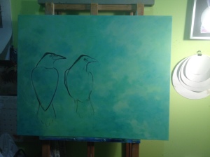 ravens, crows, painting, acrylic