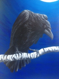 raven, night, moon, birch, carylic, painting
