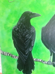 bright, spring, green, ravens, crow, branch, work in progress