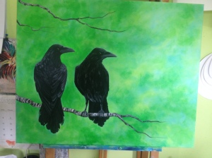 bright, spring, green, ravens, crow, branch, work in progress