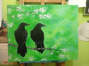 Crow, branch, apple blossom, spring