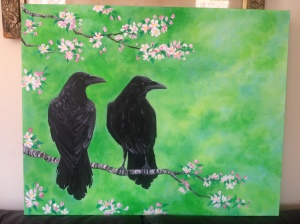 raven, crow, spring, apple blossom, tree