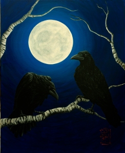 painting, Two Ravens  on a birch branch full moon